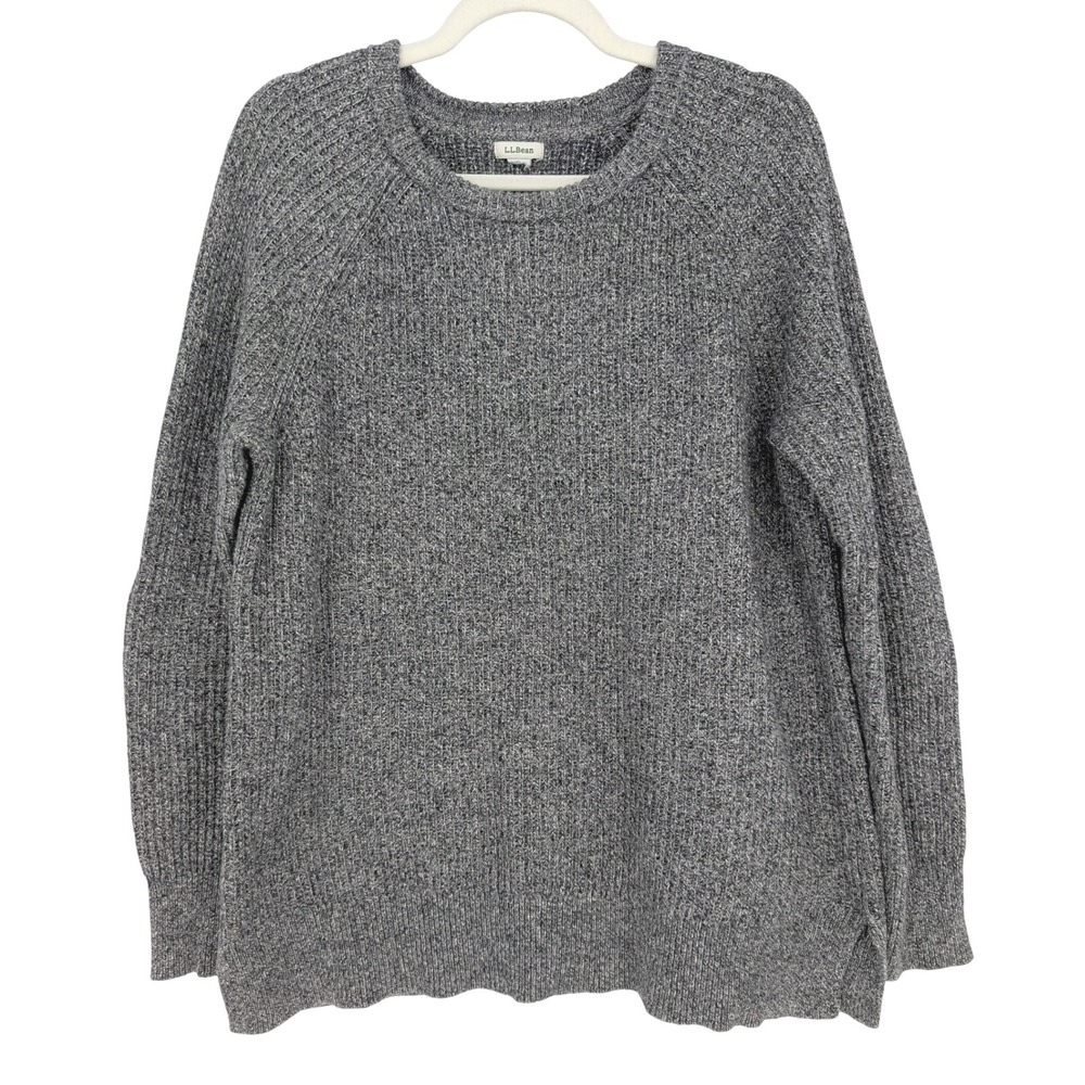 LL Bean Ribbed Pullover Sweater Womens L Gray Marled Crew Neck Raglan Slit‎ Hem